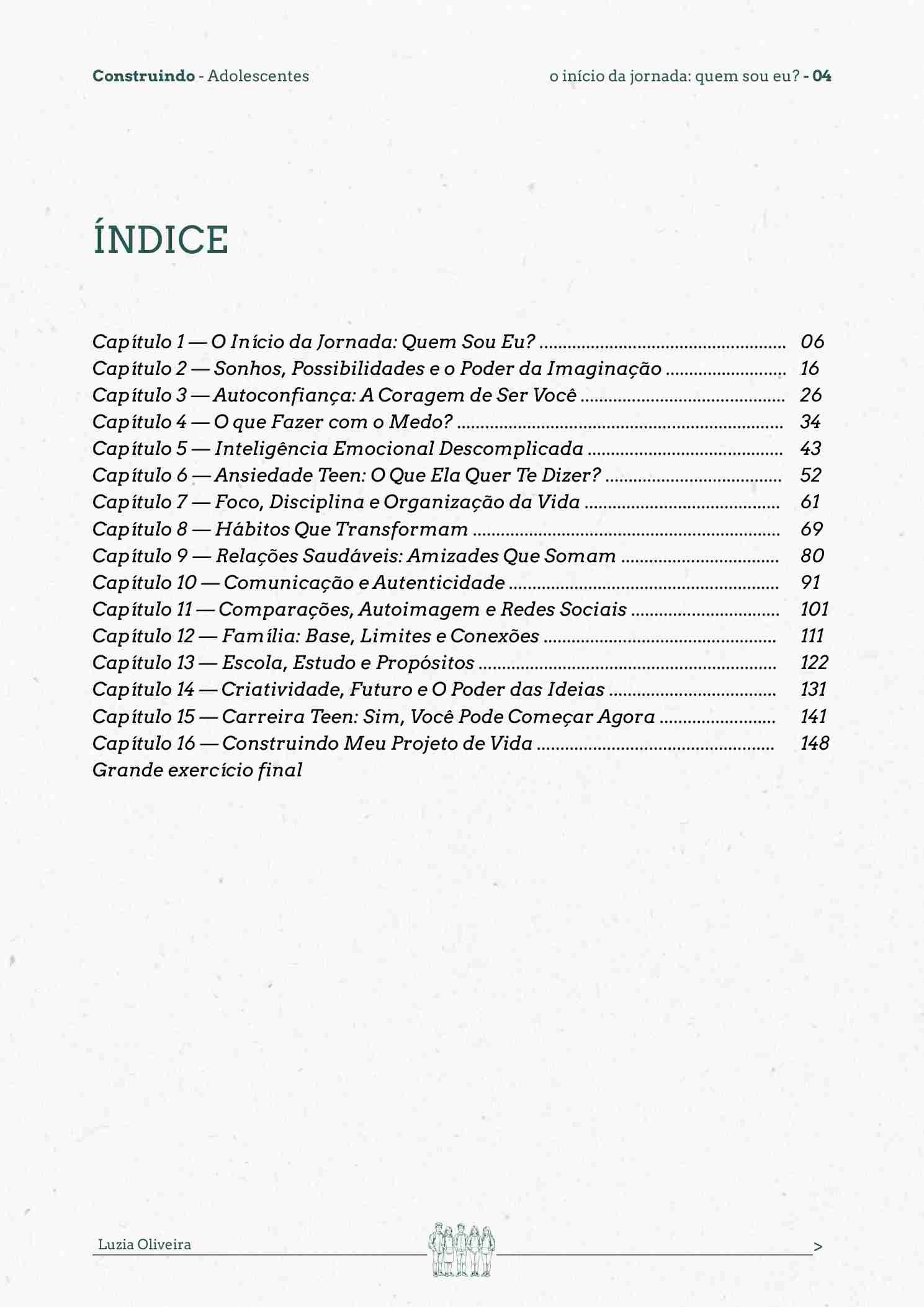 Índice dos 16 capítulos — página interna do Construindo Adolescentes