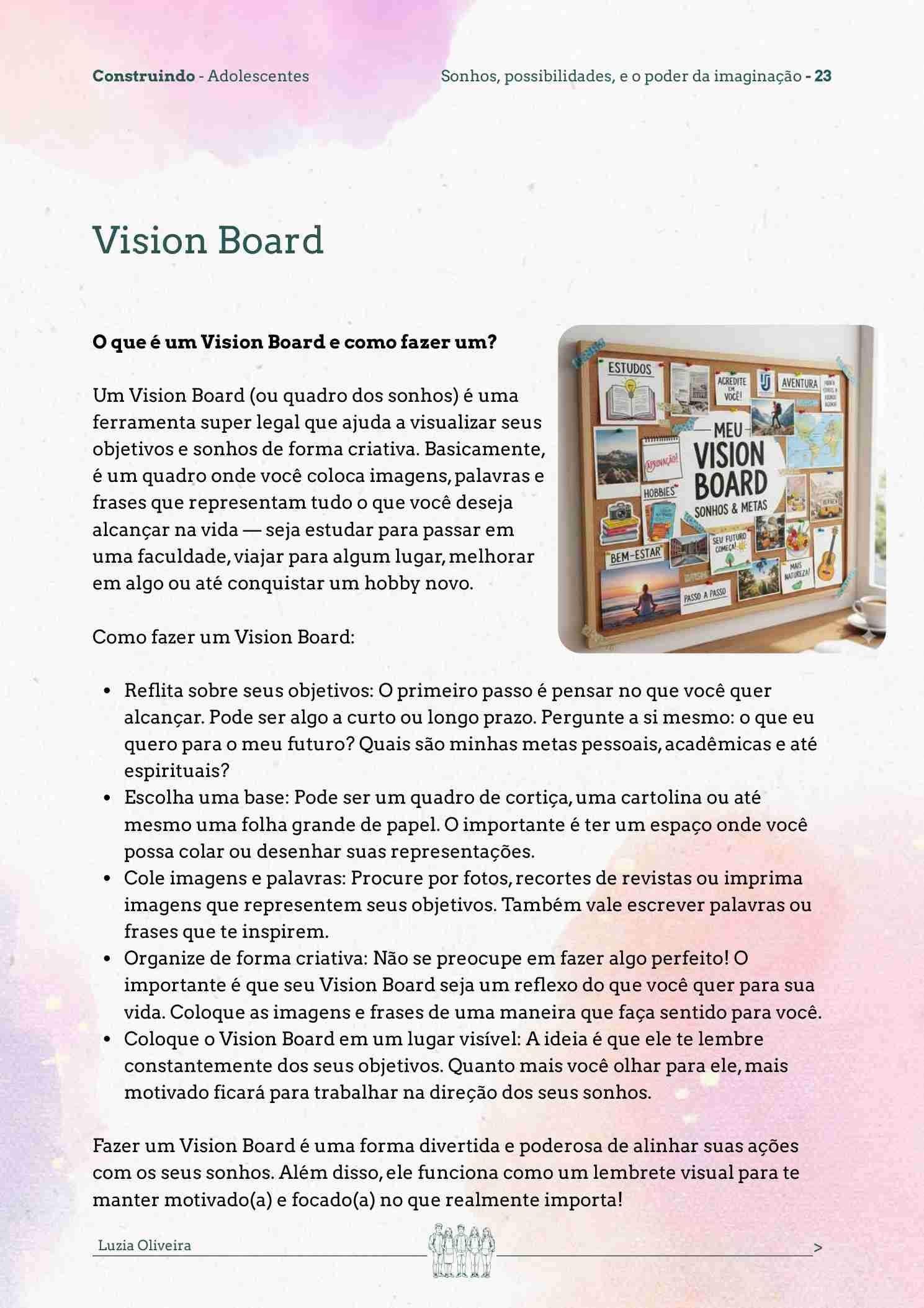 Painel de sonhos (Vision Board) — página interna do Construindo Adolescentes